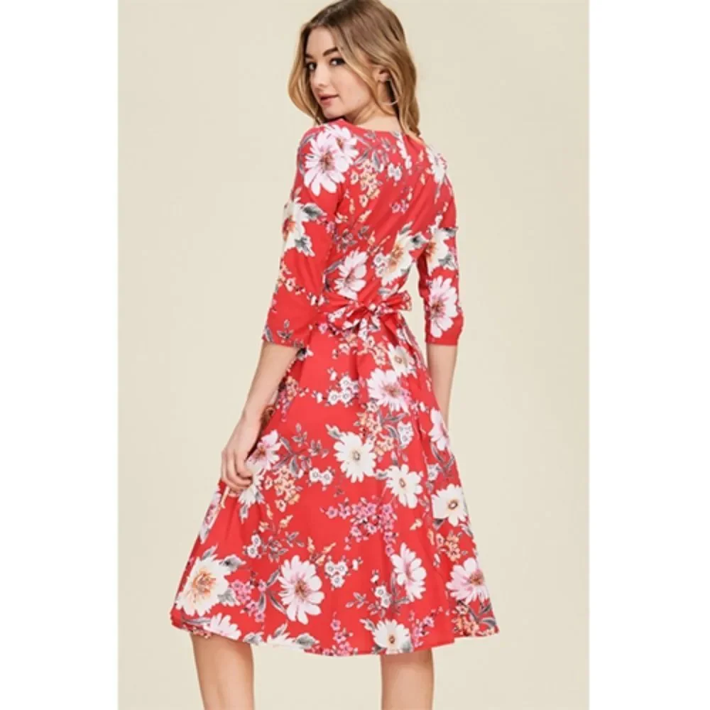 Red Floral 3/4 Sleeve Ribbon Dress.  NWT - Picture 4 of 5